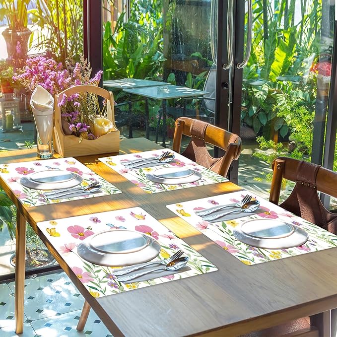 Spring Floral Butterfly Placemats Set of 6 Flower Summer Plastic Table Mats Wildflower Place Mats Washable Vinyl Rustic Holiday Table Decoration for Indoor Outdoor Party Kitchen Dining