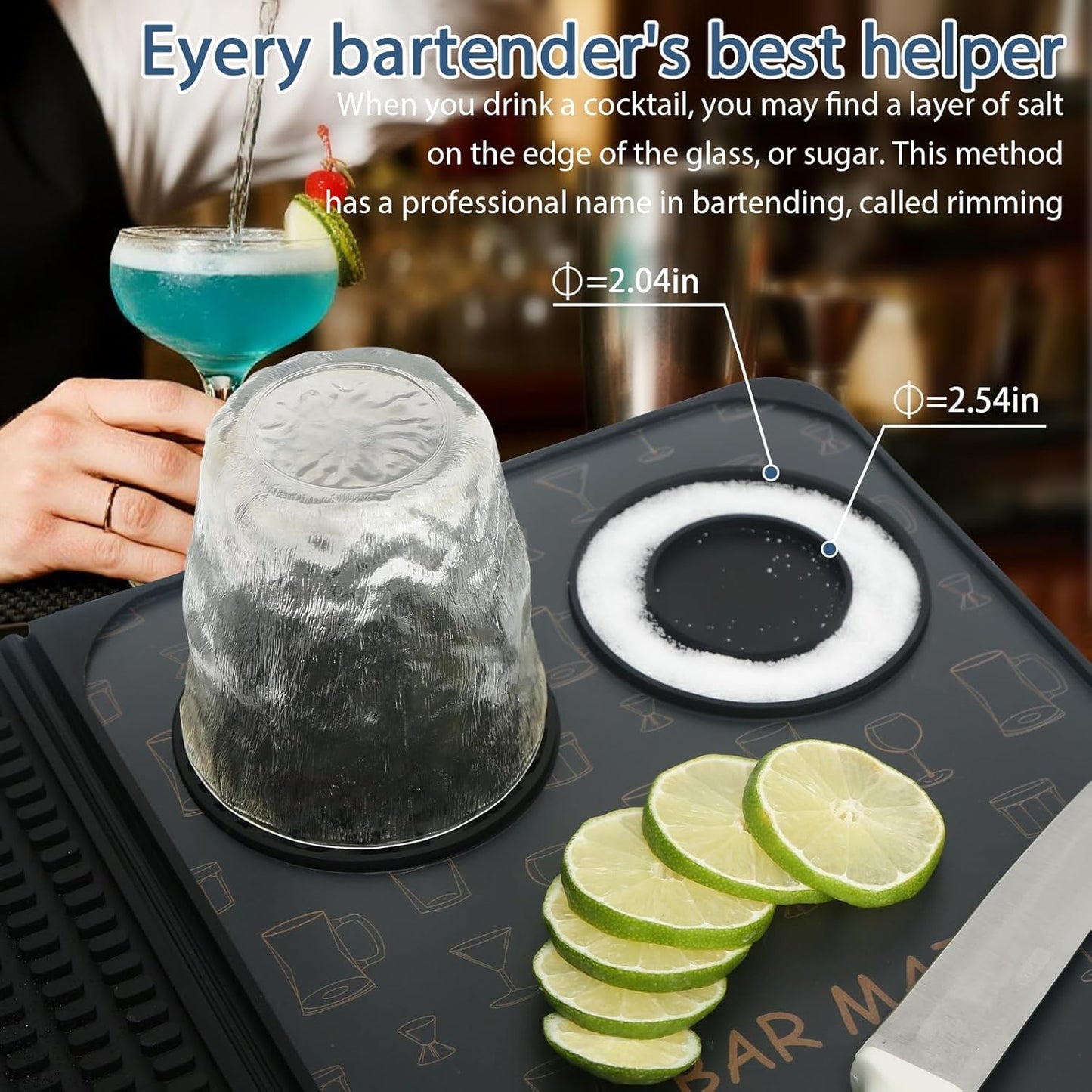 Foldable Bar Mat 18x12 inch - 3-in-1 Silicone Drying Mat with Removable Cutting Board & Rim Tray | Countertop Protector for Home, Outdoor, Travel | Professional Cocktail Accessories (Black)