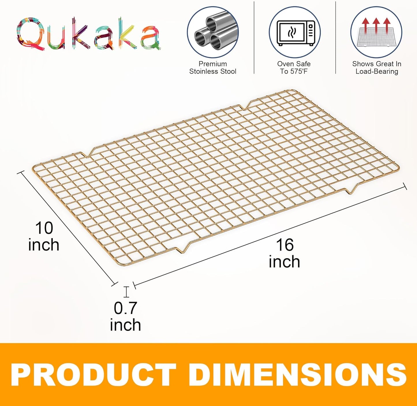 2PCS Cooling Racks for Cooking and Baking - 10" x 16"Heavy Duty Stainless Steel Wire Rack for Baking, Grilling, Roasting - Oven & Dishwasher Safe - Fits Half Sheet Pan(Gold)