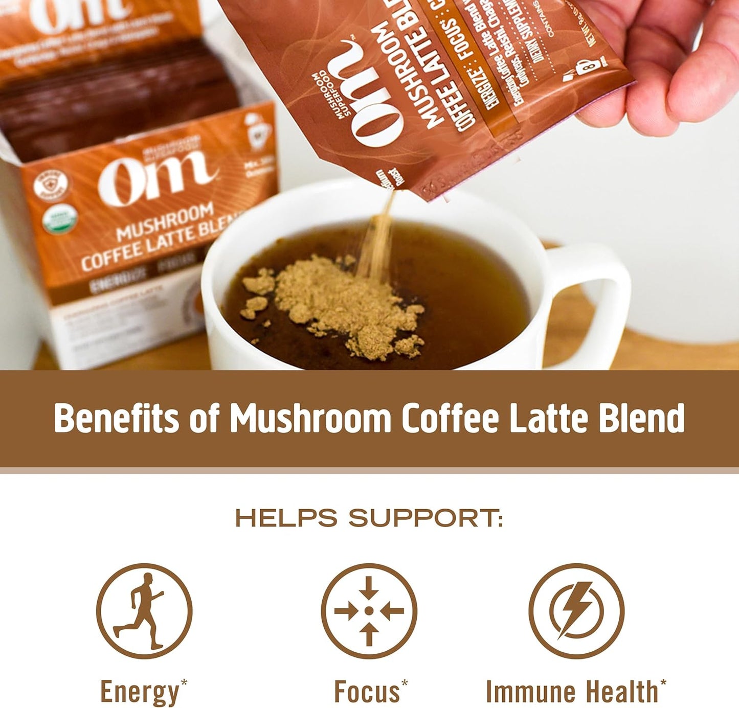 OM MUSHROOM SUPERFOOD Coffee Latte Blend Mushroom Powder, Single Serve, 10 Count, Lion's Mane, Cordyceps, Reishi, Chaga, Energy & Mental Clarity Support Supplement