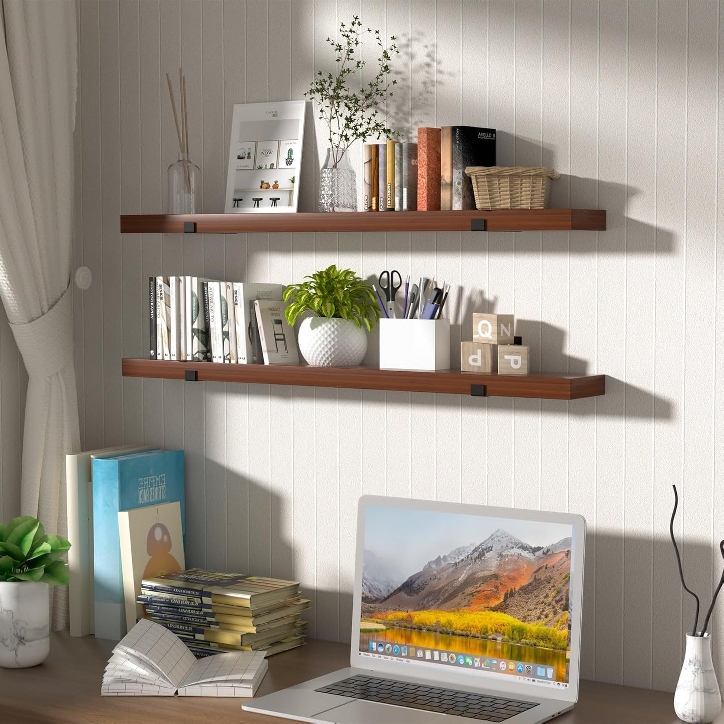 CONSDAN Floating Shelves for Wall Mounted Book Shelf Hanging Shelves Floating Bookshelf for Bedroom, Bathroom, Living Room, Kitchen USA Grown Solid Hardwood, Dark Maple 60x7.5x1.5 in (Set of 3)