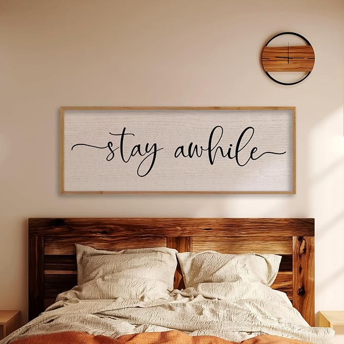 LuZhiQiang Stay Awhile Home Sign Wall Decor 40"X15" Large Solid Wood Frame For Hallway Living Room Entryway Wall Art Hanging (Wood)