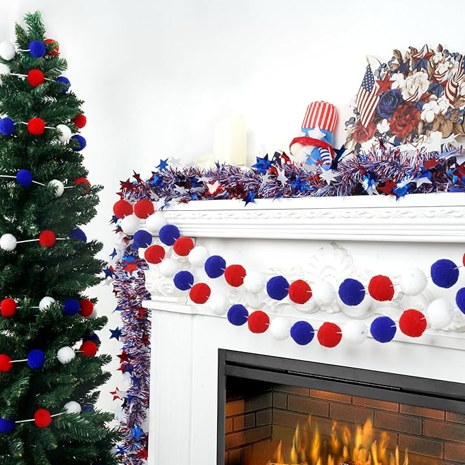 TBD Decor 3pk 4th of July Decorations Patriotic Red White Blue Pom Pom Garland 20FT 4cm Large Felt Ball Garland for Independence Day,Party Home Supplies Decorations