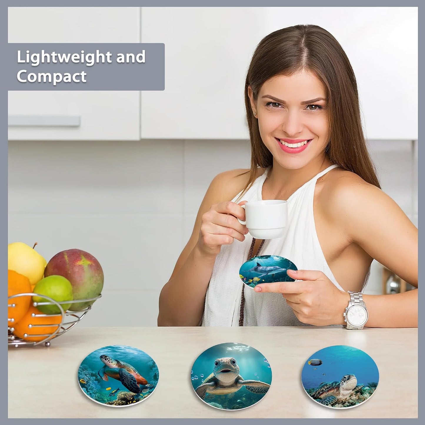 6 Pcs Coasters for Drinks with Holder,Underwater Fishes Sea Turtle Absorbent Coaster with Cork Backing,Great Gift for Housewarming,Room Decor,Bar,Holiday Party