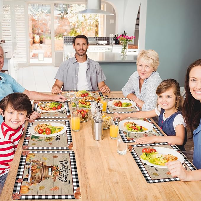 Fall Placemats Set of 6 Buffalo Plaid Thanksgiving Plastic Table Mats Autumn Vintage Maple Leaf Place Mats Pumpkins Truck Leaves Fall Table Decoration for Indoor Outdoor Party Kitchen Dining