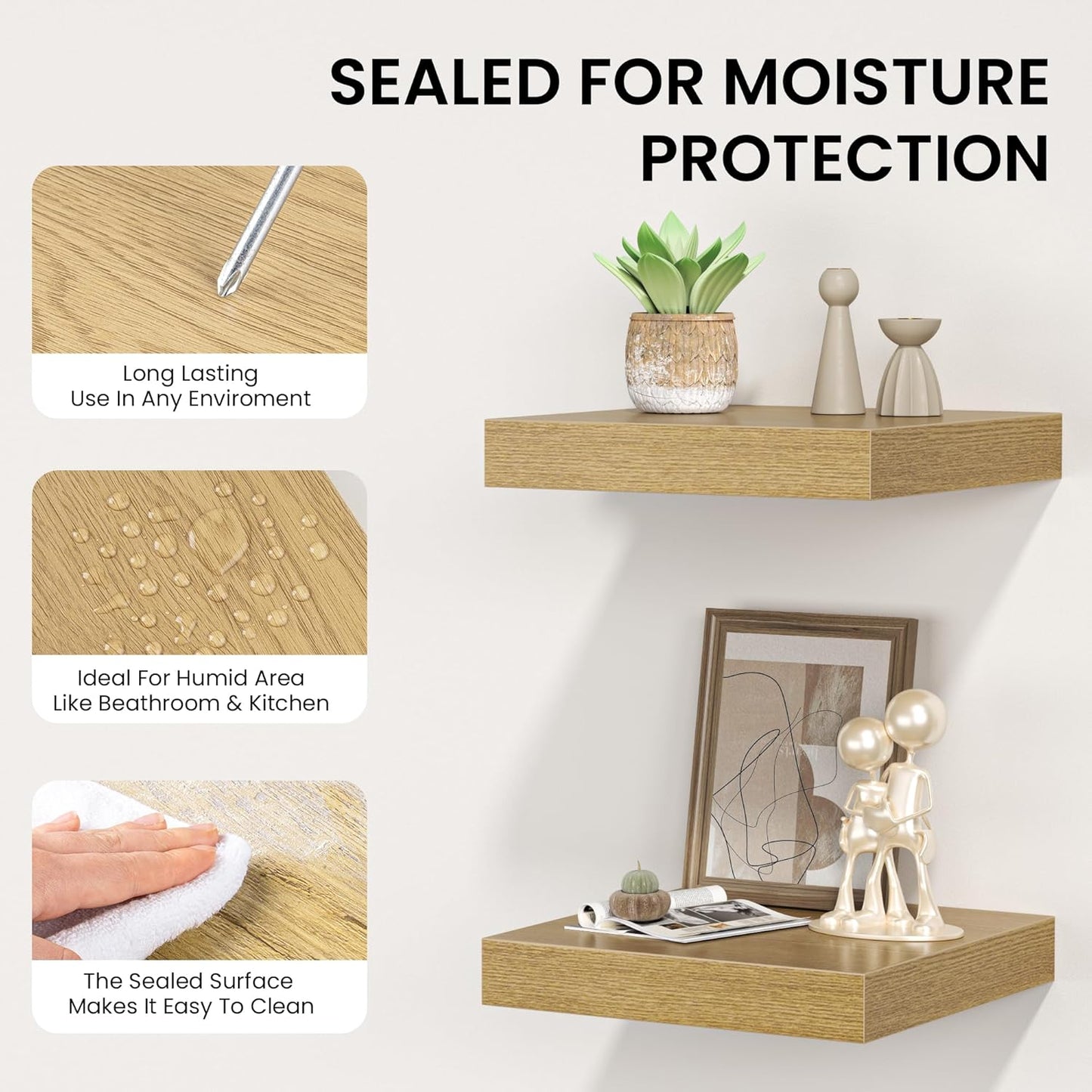 Square Floating Shelves for Wall, 12" W x 12" D x 1.2" H, Small Wooden Wall Mounted Display Shelves with Invisible Brackets for Living Room, Bedroom, Bathroom, Kitchen Decor, Set of 3, Oak