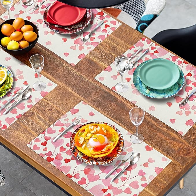 Pink Love Heart Valentine's Day Placemats Set of 4 Valentine Seasonal Holiday Linen Table Mats 12x18 Inch Anniversary Wedding Sweet Romantic Place Mats for Party Kitchen Dining Outdoor Indoor Decor