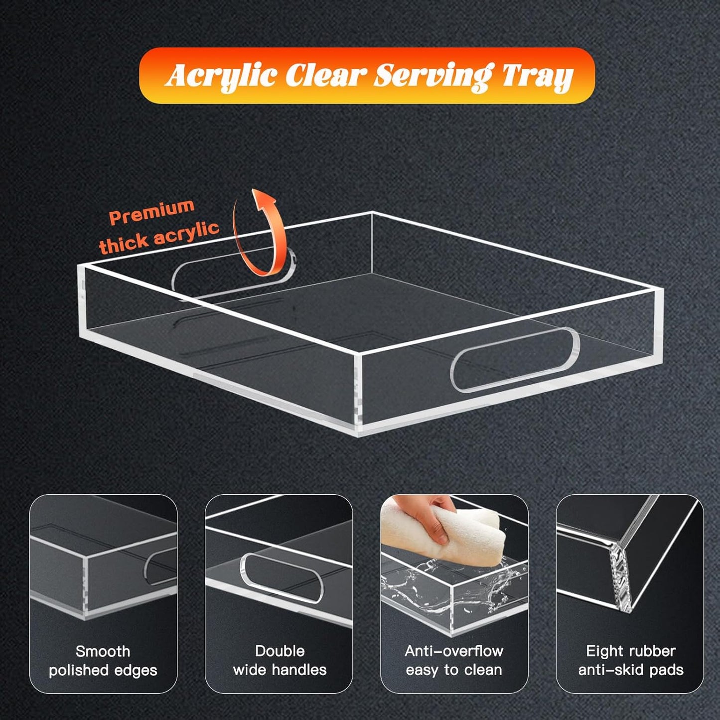 Acrylic Organizers Tray, Acrylic Tray for Ottoman, Serving Tray with Handle, Lucite Tray Organizer for Bench, Coffee Table Countertop, Kitchen, Bathroom, Living Room, Powder Room