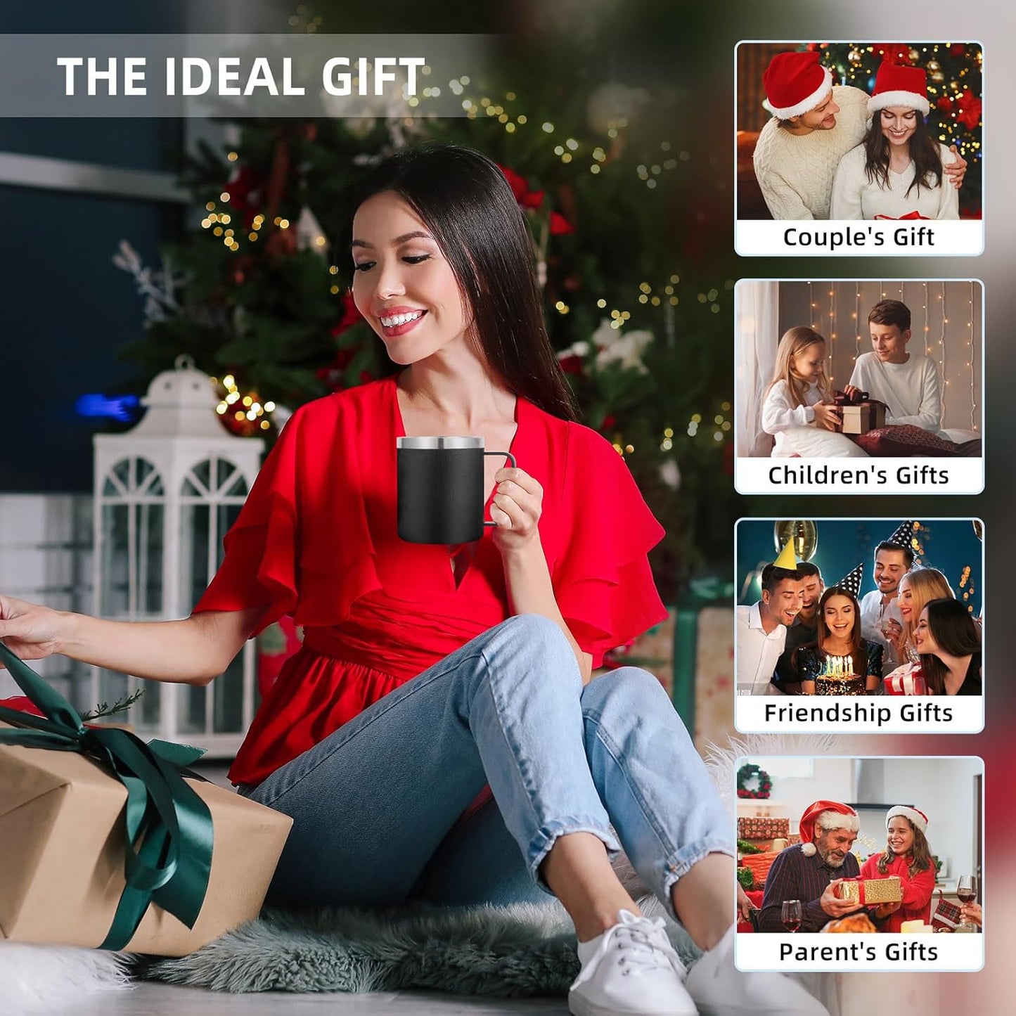 Volhoply 14oz Insulated Stainless Steel Coffee Mug with Lid Bulk 8 Pack,Double Wall Vacuum Travel Coffee Cup with Handle,Reusable Metal Cups Tumbler,Camping Mugs Keep Hot,Ideal Gifts(Black,8)