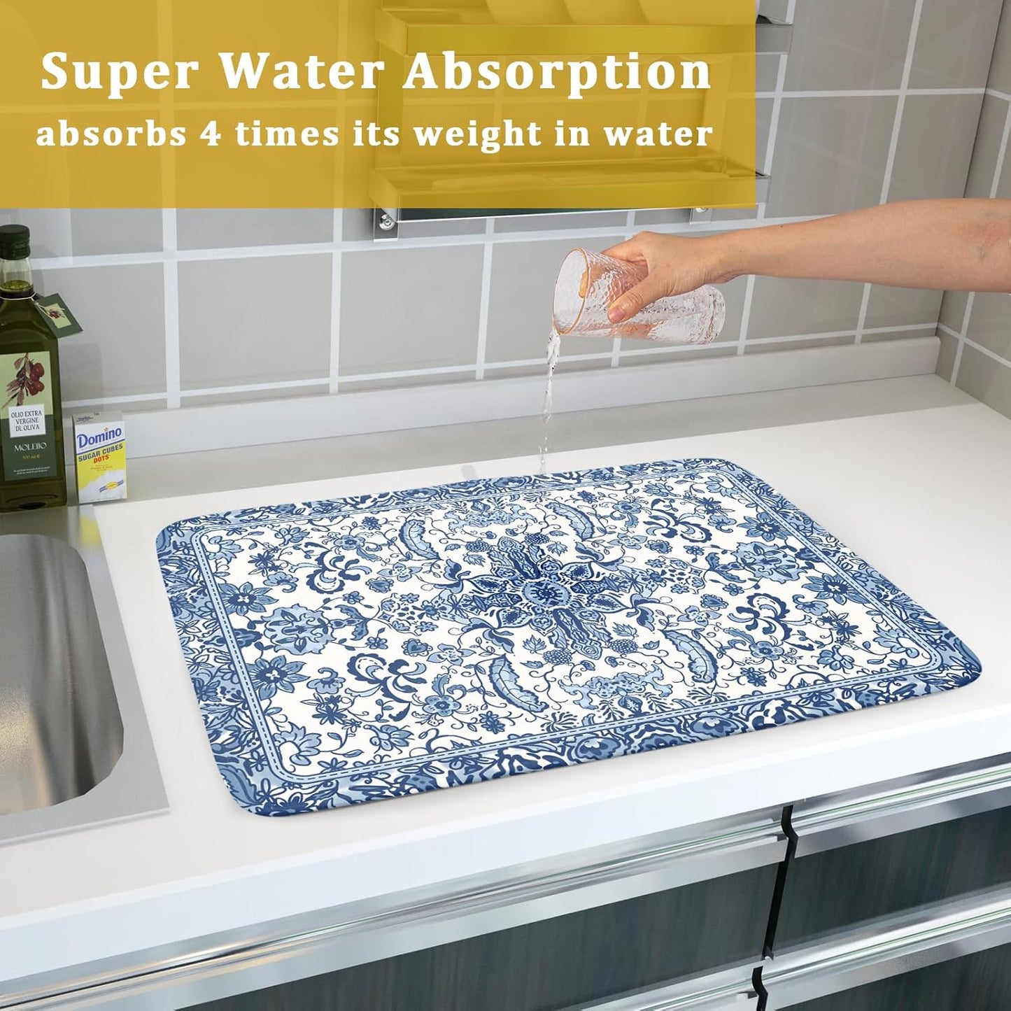 Chinoiserie Floral Dish Drying Mat for Kitchen Counter Blue and White Flowers Pattern Dish Drying Pad 16”x18”Absorbent Reversible Seasonal Decor Dishes Drainer Pad Dish Dry Rack Mat for Counter top