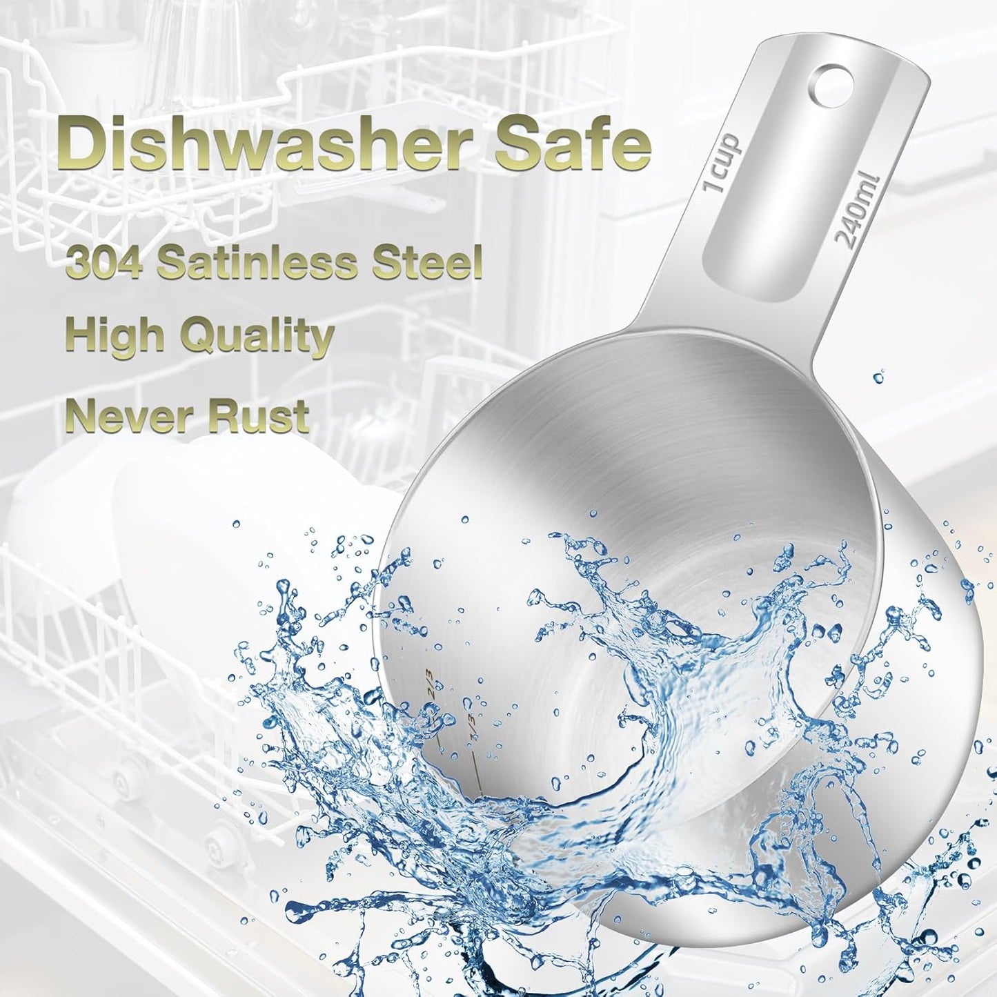 1PCS 1Cup (240ml, 8oz) Single Measuring Cup, Etched Inner Scale Stainless Steel Measure Scoop, Metric and US Measurement, Dishwasher Safe