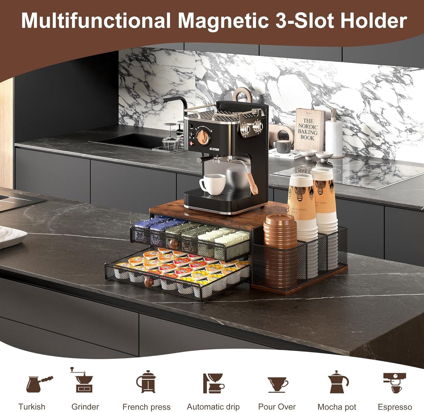 Coffee Bar Organizer, 60 Capacity K Cup Organizer for Countertop, 2 Tier Sliding Coffee Pod Storage Drawer with Disposable Cup & Lid Holder, Black