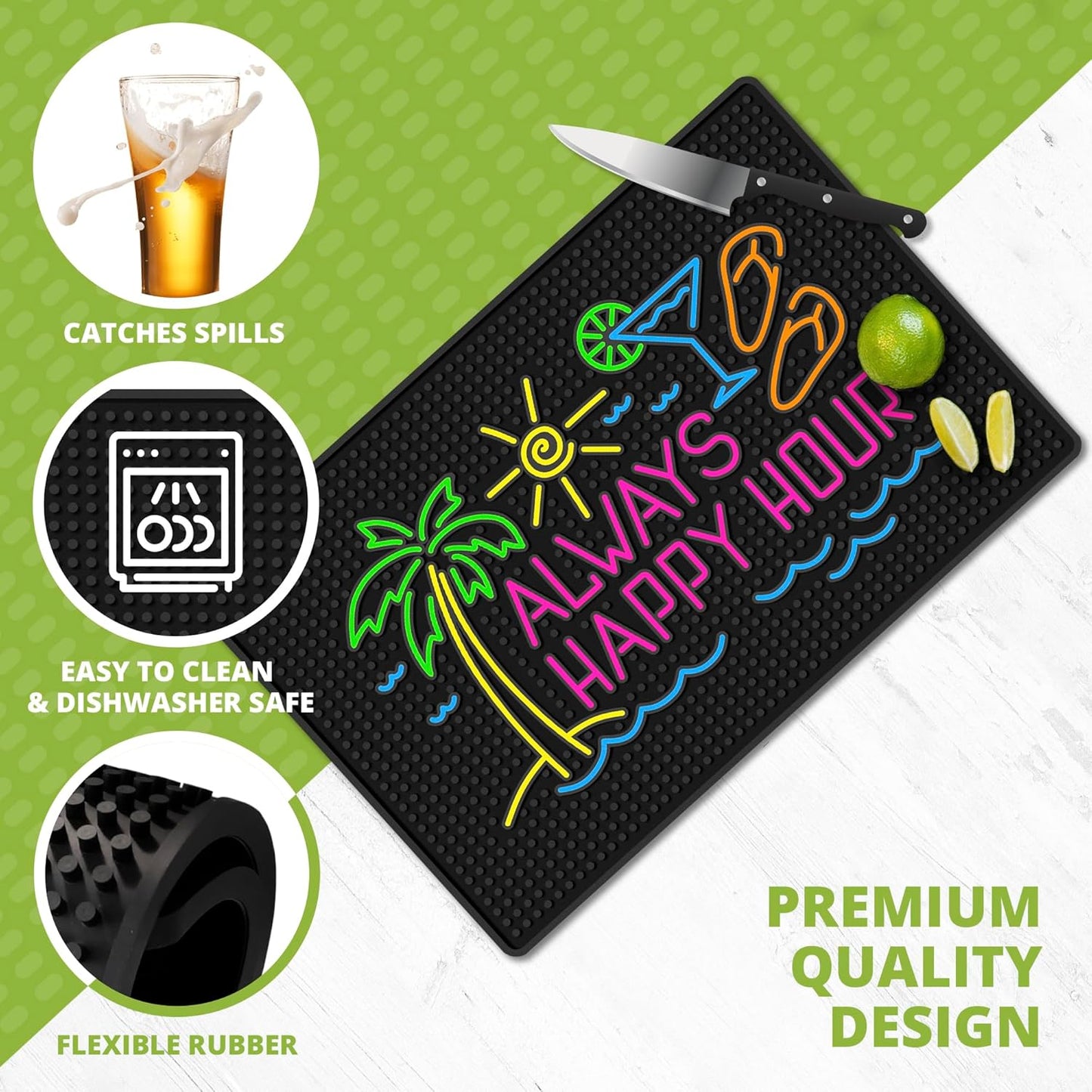 Premium Quality Always Happy Hour Bar Mat, Tiki Bar Mat for Bartending 18x12, Outdoor Tiki Bar Decor, Durable Bar Mats for Countertop, Drying Mat for Home Bar, Perfect Home Bar Accessories Xmas Gift