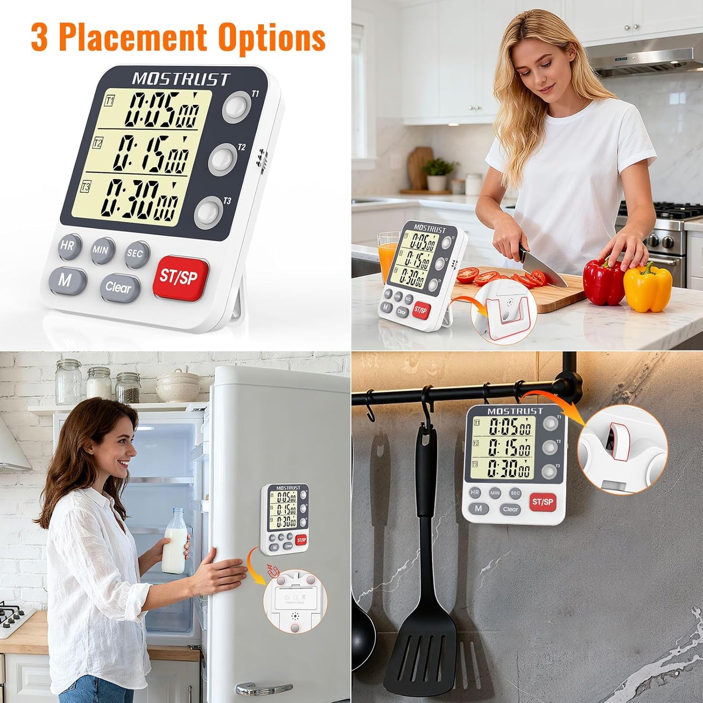 Digital Dual Kitchen Timer, 3 Channels Countdown Triple Timer for Cooking, Magnetic Memory-Preset Large Display Adjustable Alarm Volume, Multi Times Management, 3A Battery Included, White