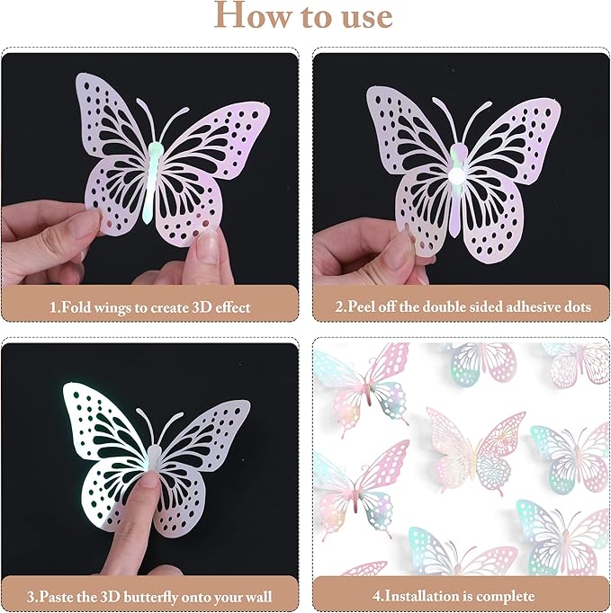 SAOROPEB 3D Wall Decor - 48 Pcs, 4 Styles, 3 Sizes - Laser Pink Butterfly Decorations for Birthday Parties, Removable Stickers
