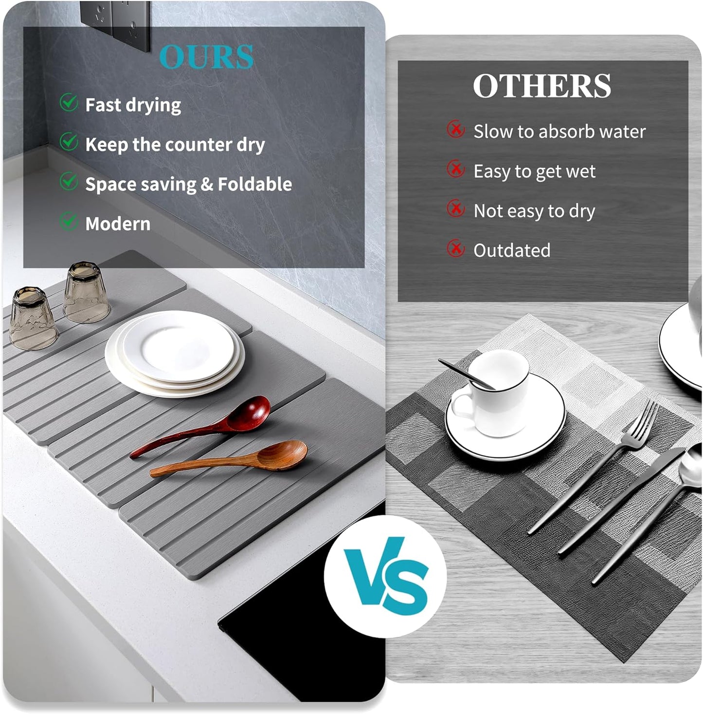 Extral Large Quick Dry Stone Drying Mat for Kitchen Counter,28x16 Inch Collapsible Eco-Friendly Absorbent Diatomaceous Earth Mat for Dishes Cups (Medium Gray-Upgraded Version, 24x16 inch)