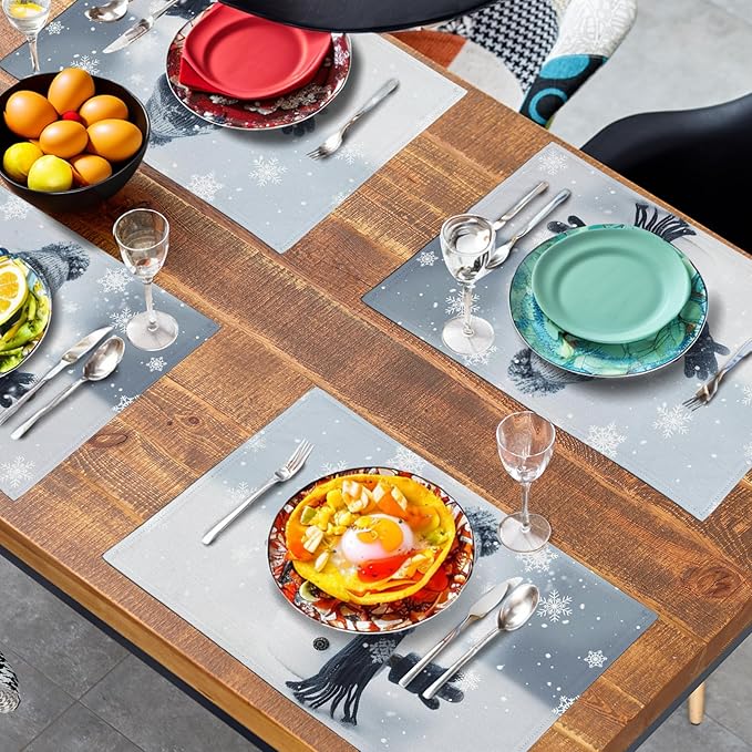 Snowman Placemats Set of 4, 12x18 Inch Winter Cute Blue Snowman Snowflake Table Mats Seasonal Christmas Holiday Washable Linen Fabric Place Mats for Farmhouse Party Kitchen Dining Decor