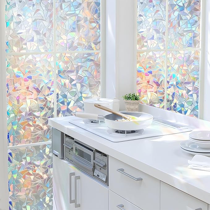 HIDBEA Window Privacy Film Static Clings, Rainbow Window Film, 3D Decals Non-Adhesive Window Vinyl Film for Home Door, 35.4 Inch × 6.5 Feet