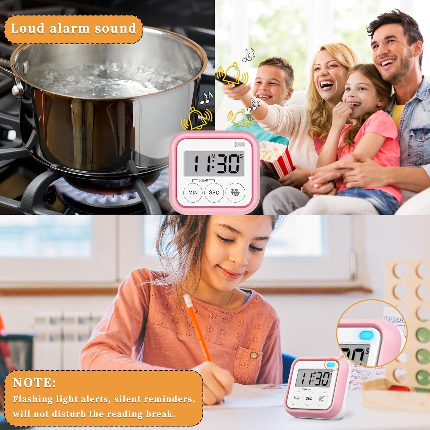 Timer, Kitchen Timers for Cooking Classroom Timer for Kids Teachers Magnetic Digital Timers 4 Pack, Pink