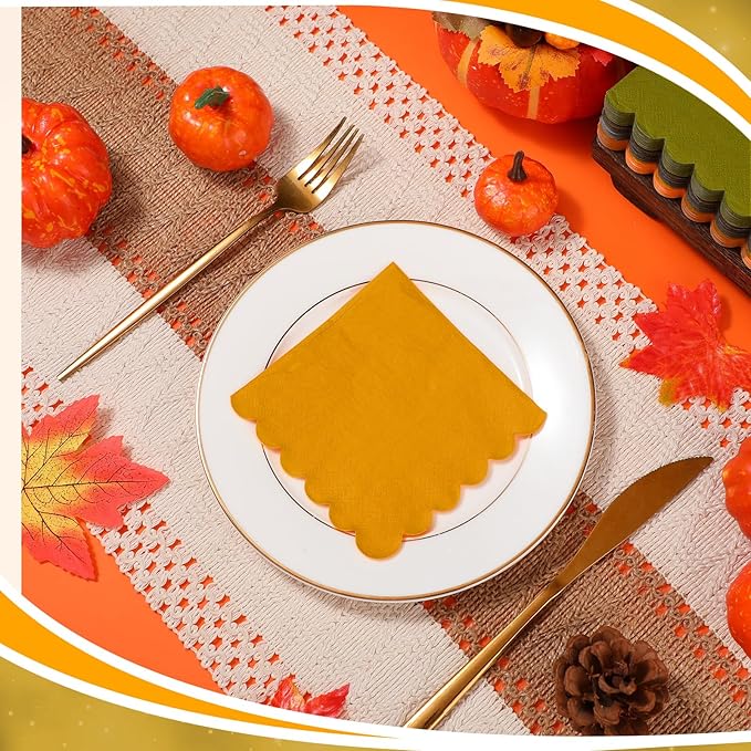 150 Pcs 5 x 5 Inches Fall Thanksgiving Paper Napkins Scalloped Cocktail Napkins Disposable Autumn Harvest Party Supplies Dessert Beverage Bathroom Table Dinner Wedding Decor