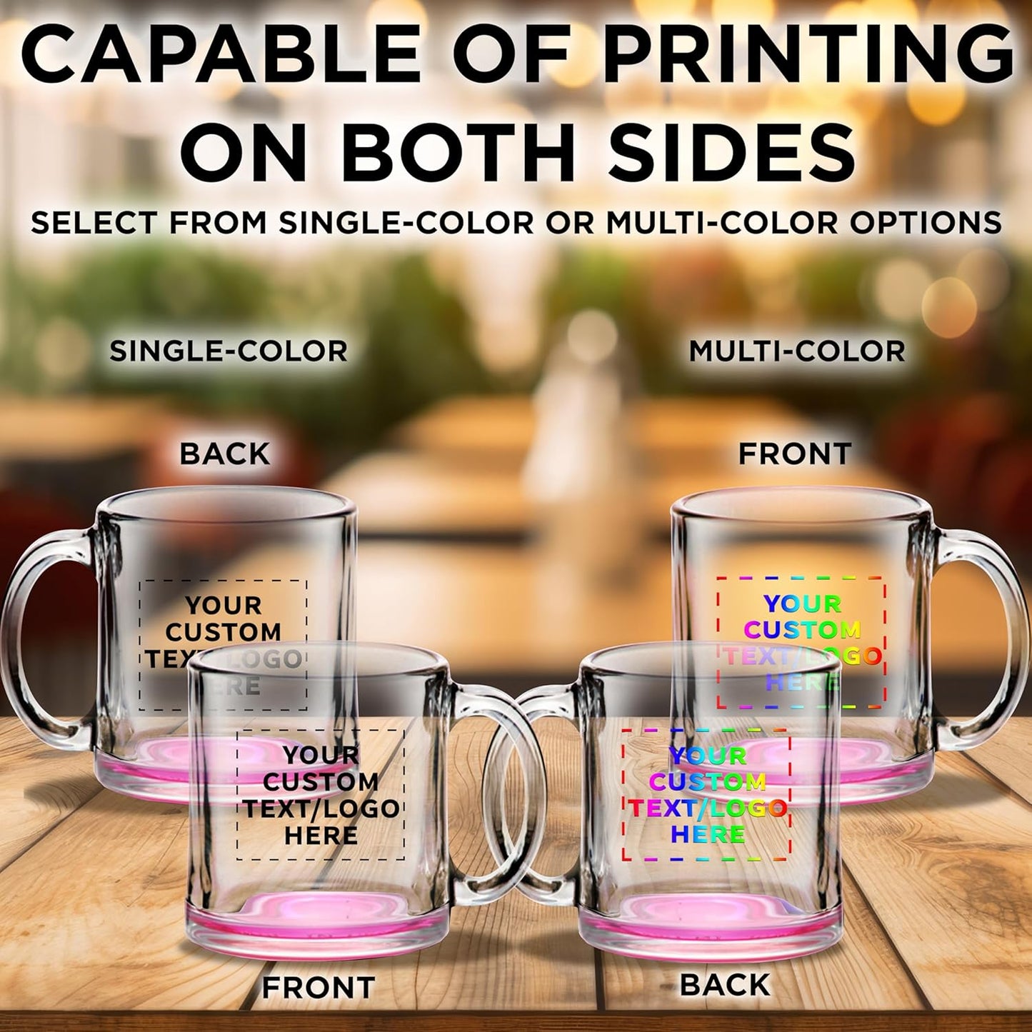 Custom Libbey Clear Glass Coffee Mugs 13 oz. Set of 10, Personalized Bulk Pack - Perfect for Coffee, Tea, Espresso, Hot Cocoa, Other Beverages - Pink Bottom