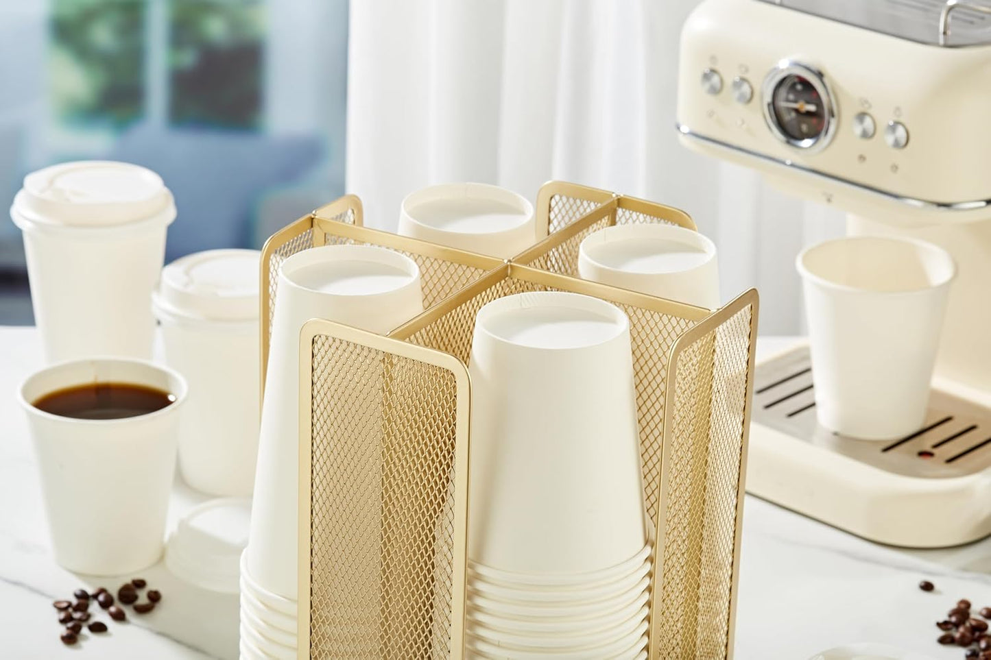 Annova Paper/Plastic Cup and Lid Holder Plastic Storage Organizer, 360°Rotating Coffee Mup Dispenser with 4 Compartments, Multifunctional Storage Rack for Home, Office, Bar, Coffee Shop (Gold)