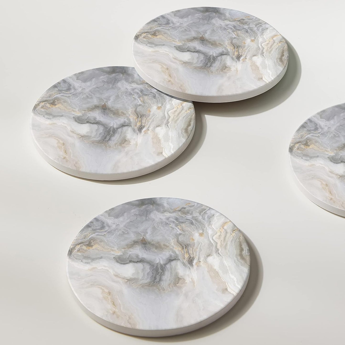 Set of 6 Abstract Gray White Marble Coasters with Holder, Absorbent Ceramic Coasters for Drinks, Coasters with Cork Backing for Table Protection, Housewarming Gifts for New Home