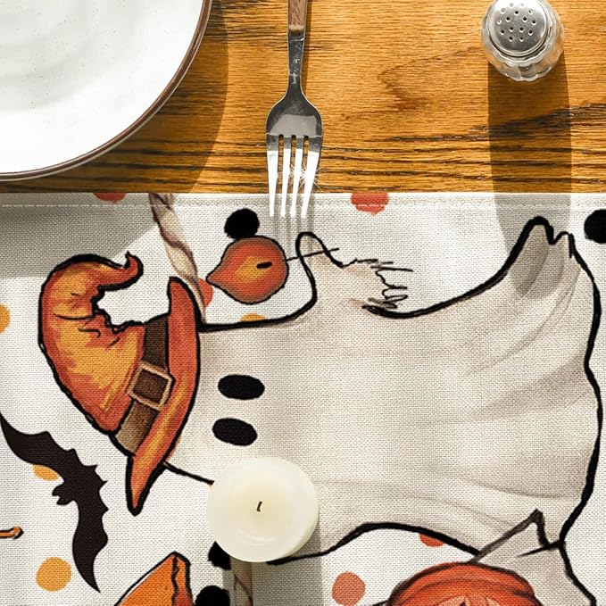 Artoid Mode Beige Ghost Jack-O'-Lantern Black Cat Halloween Table Runner,Holiday Kitchen Dining Table Decoration for Home Party Decor 13 x 48 Inch