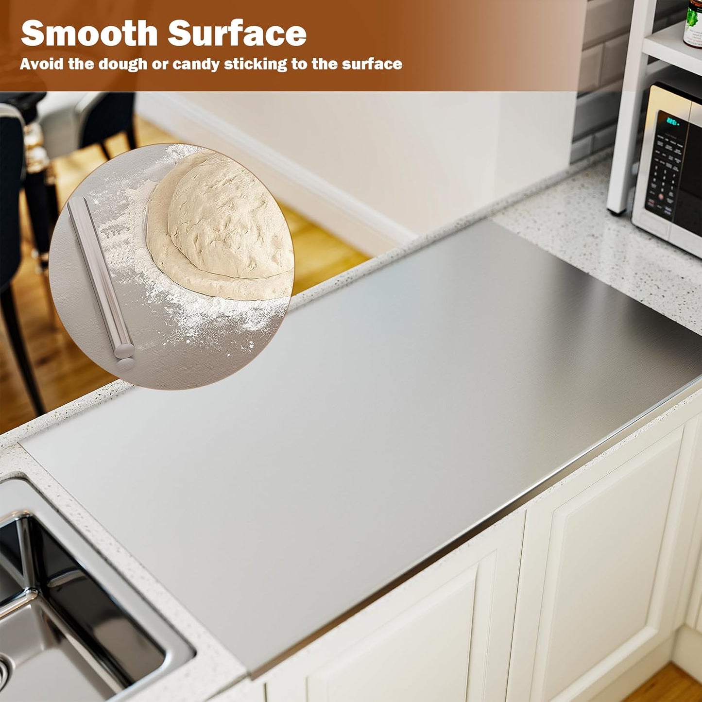 Large Cutting Board 35.4" L X 22.8" W Stainless Steel Cutting Board with Lip Metal Baking Board Non Stick Thick Board with Rolling Pin for Meat Fruits Vegetables Bread and Baking