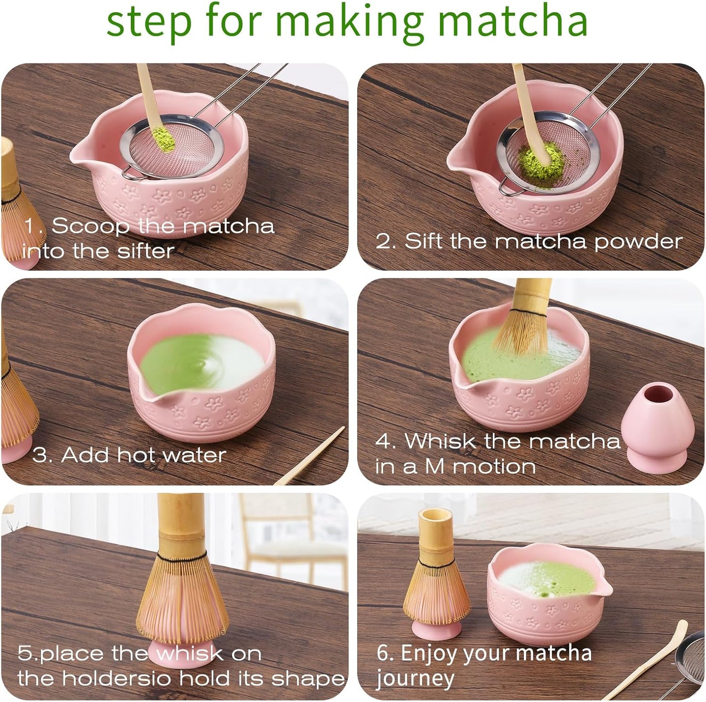 Matcha Whisk Set, Japanese Ceramic Matcha Bowl with Spout, Bamboo Whisk, Sifter, Scoop, Holder, Tea Cloth, 7-Piece Ceremonial Matcha Kit, Gift for Tea Lovers (pink)