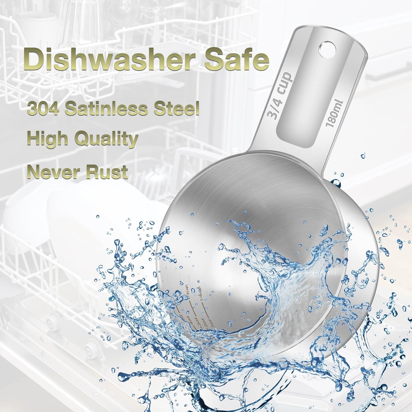 1PCS 3/4Cup (180ml, 6oz) Single Measuring Cup, Etched Inner Scale Stainless Steel Measure Scoop, Metric and US Measurement, Dishwasher Safe