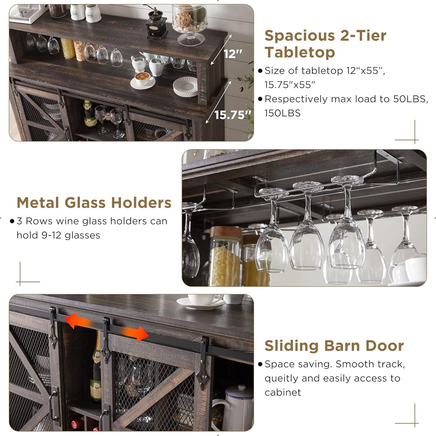 OKD Farmhouse Coffee Bar Cabinet with LED Lights, 55" Wine Bar w/Sliding Barn Door & Wine and Glass Rack, Kitchen Buffet Cabinet w/Storage Shelves for Dining Room,Dark Rustic Oak