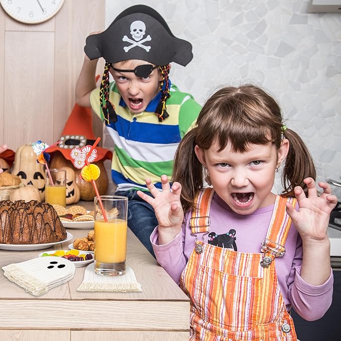 Whaline Halloween Ghost Cotton Coasters Cute White Ghost Shape Handmade Braided Drink Coasters Absorbent Cup Mats for Trick or Treat Party Home Table Decor, Set of 4