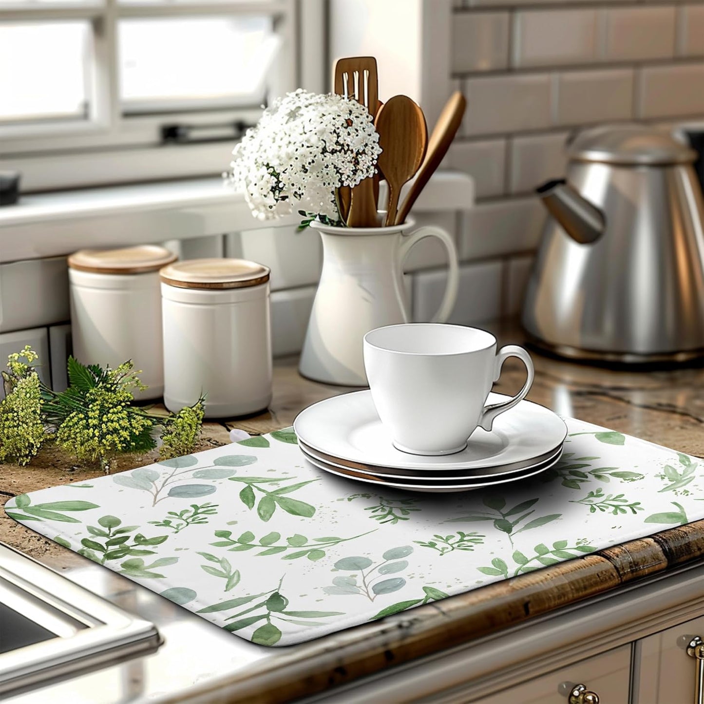 Summer Sage Green Leaves Dish Drying Mat Spring Eucalyptus Leaf Kitchen Dish Drying Pad Absorbent Dish Dryer Mat for Kitchen Countertops Microfiber Dishes Drainer Pad Dish Drying Rack Mat (18x24 in)