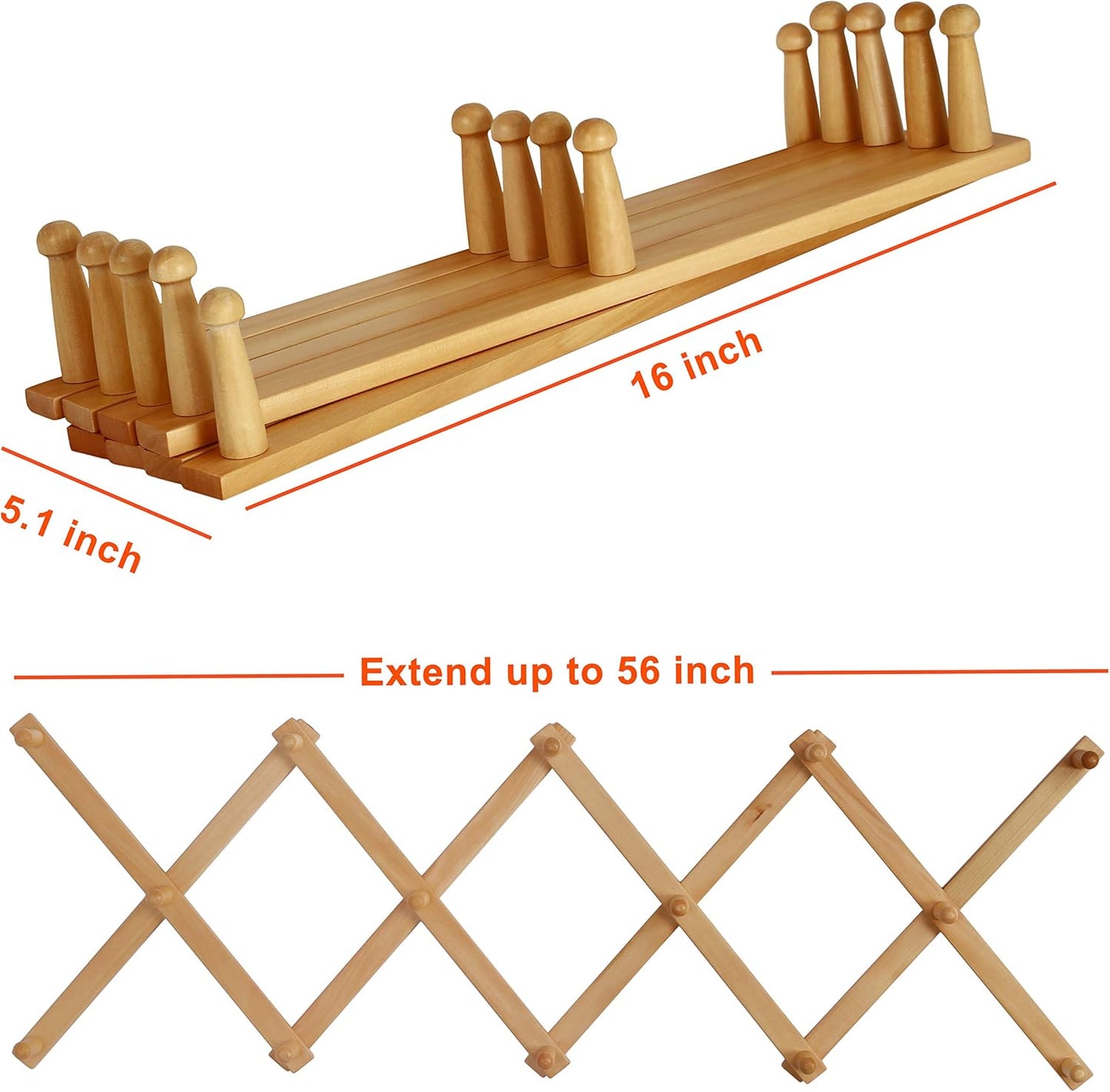 Dseap Accordian Wall Hanger: 16” High Wooden Wall Expandable Coat Rack, Hat Rack Holder, Accordion Hook for Baseball Caps, Coats, Mugs, 14 Peg Hooks, Natural