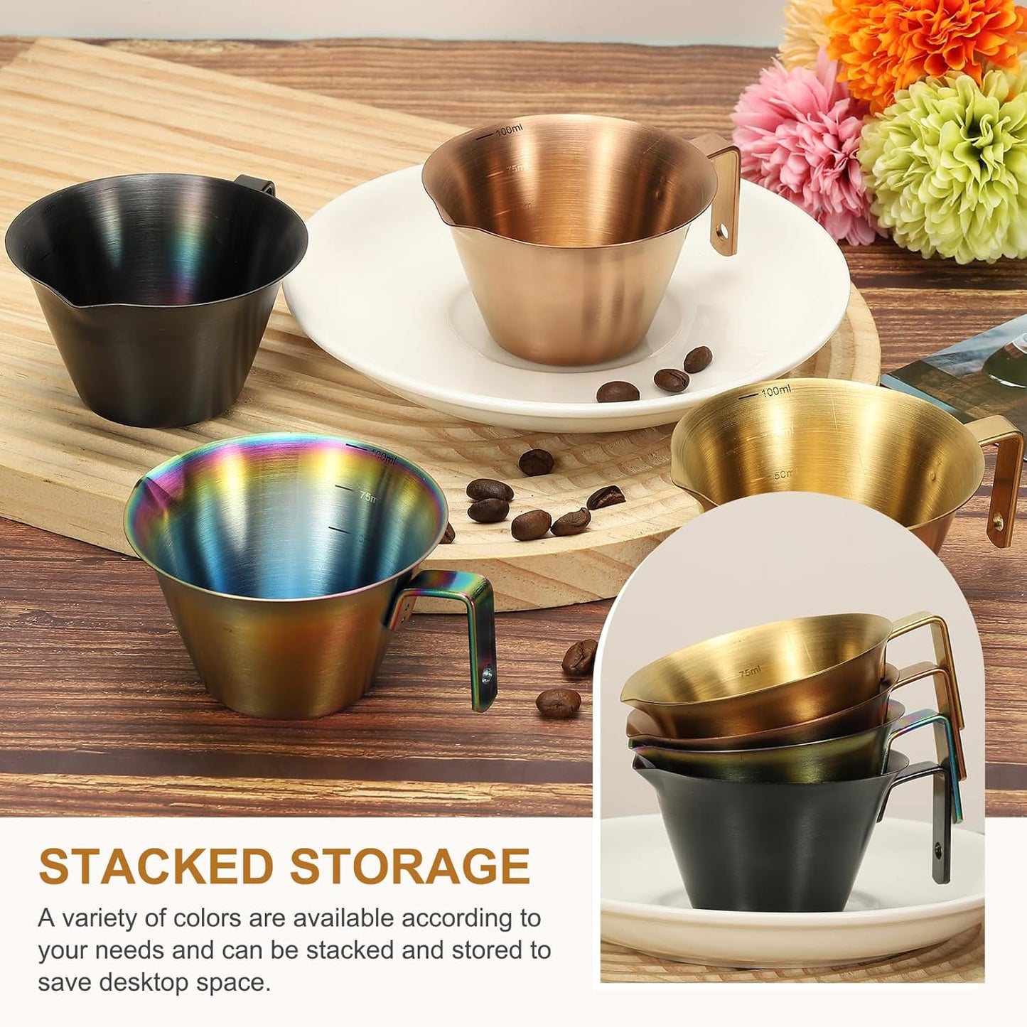 uxcell 2 Pcs Stainless Steel Espresso Cup with Handle, V-Shaped Mouth Espresso Measuring Cup with Scale for Preparing Coffee, Cocktails, 3.4OZ/100ML (Iridescent)