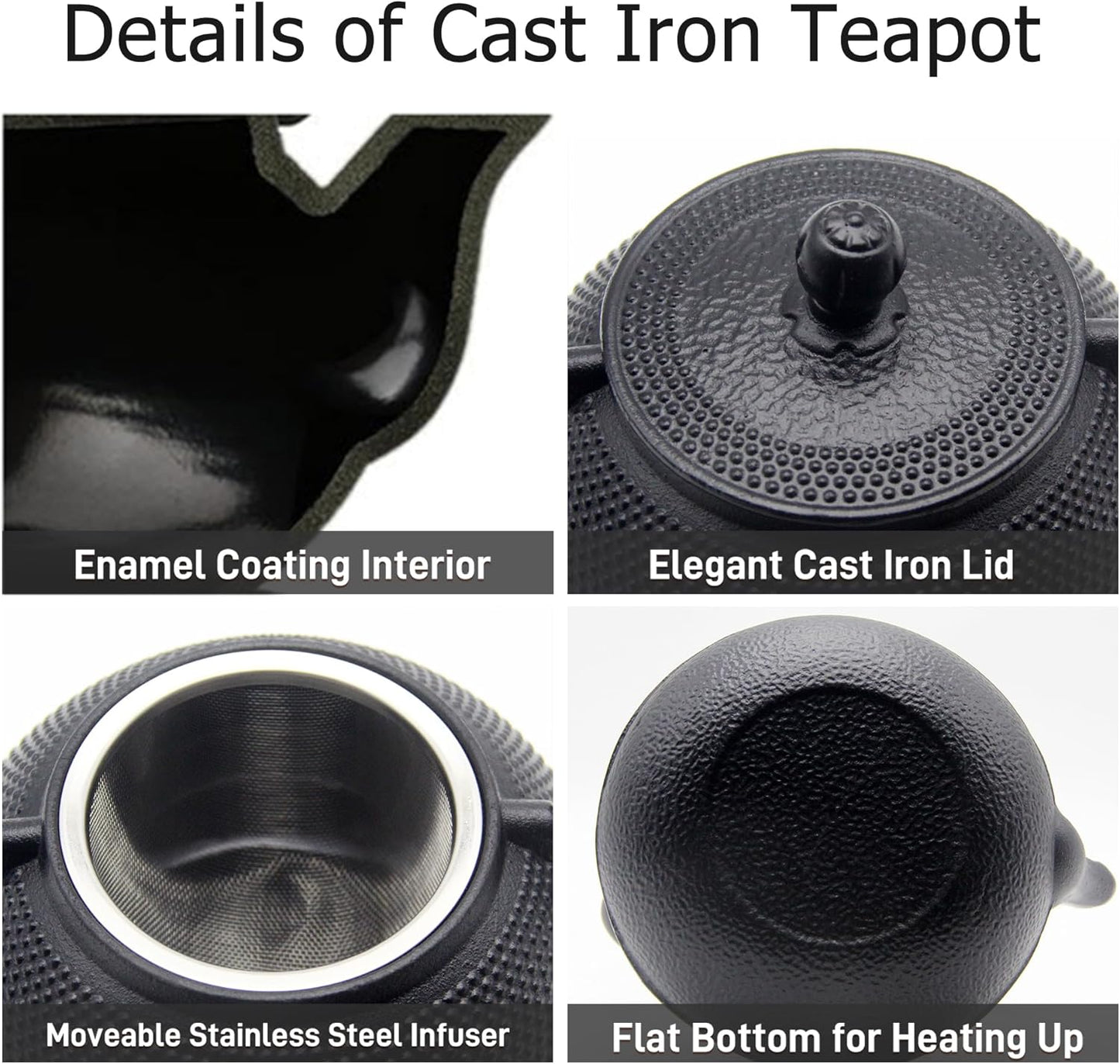 YJX Cast Iron Teapot Set with Cast Iron Warmer, Japanese Tetsubin Tea Kettle Set with Cups,Cast Iron Teapot with Stainless Steel Infuser and Enameled Interior(600ml Teapot Set Combination 1), Black
