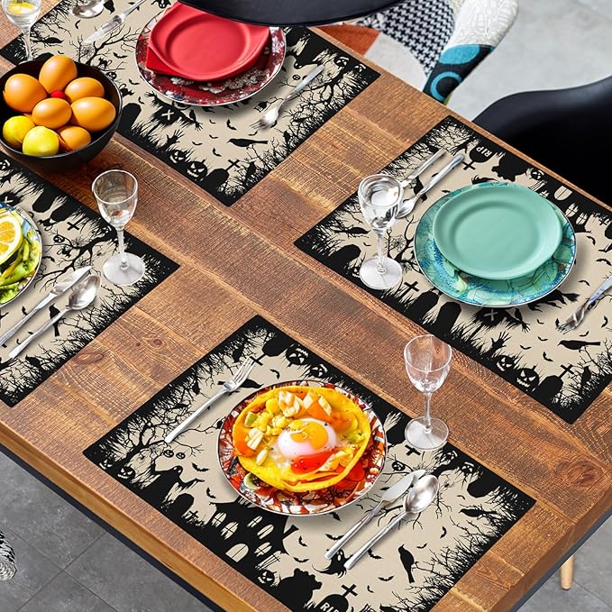 Halloween Placemats 12x18 Inch Set of 4 Black White Witch Castle Ghost Place Mats Spooky Haunted House Bats Tree Crow Table Mat for Party Kitchen Dining Outdoor Indoor Decor