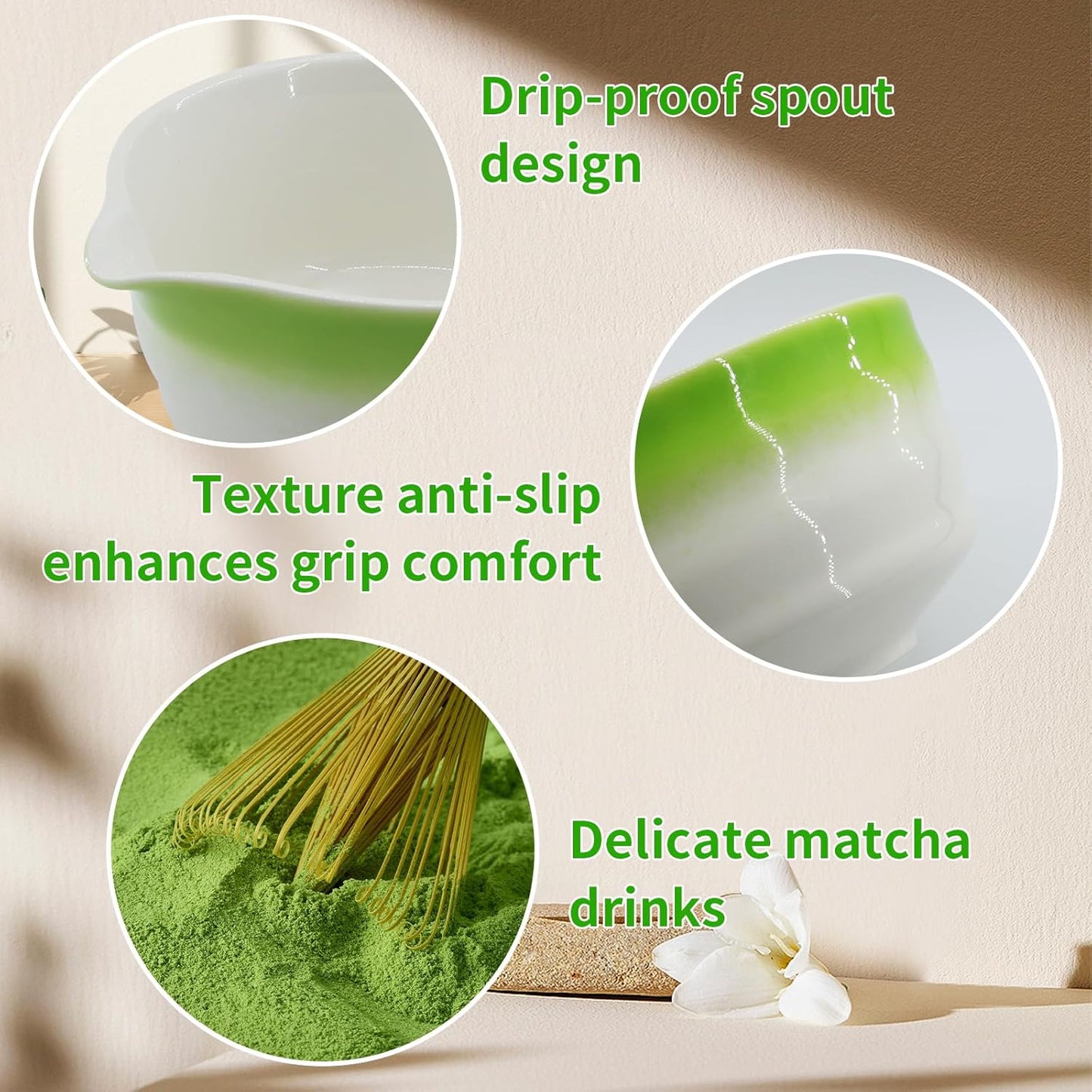 Matcha Whisk Set 7 Pcs Ceremony Kit - Gradient Glaze Ceramic Bowl, Bamboo Chasen & Holder, Sifter Scoop Gift for Matcha Lovers (Christmas/Birthday) (Green)