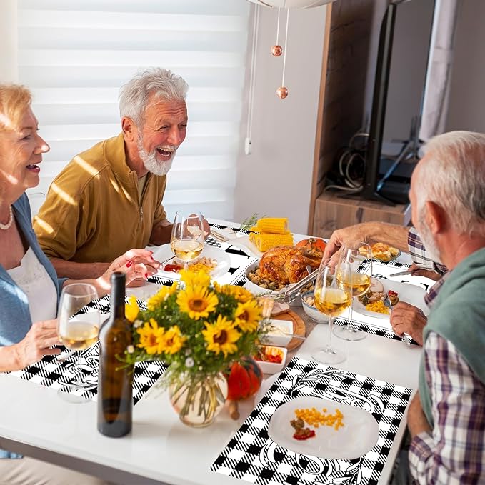 Love Family Placemats Set of 6 Buffalo Plaid Plastic Table Mats Black and White Plaid Place Mats Washable Vinyl Love Home Checkered Table Decoration for Indoor Outdoor Party Kitchen Dining