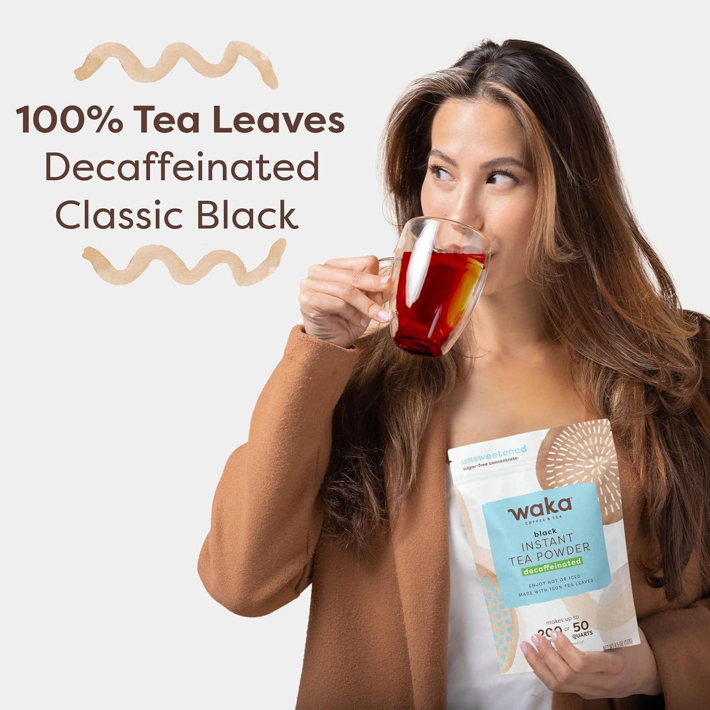 Waka Instant Black Tea Mix Pouch, Decaffeinated - 100% Tea Leaves, No Additives, Unsweetened Tea Powder for 50 Quarts or 200 Cups – Easy Quick Hot and Iced Teas (4.5oz)