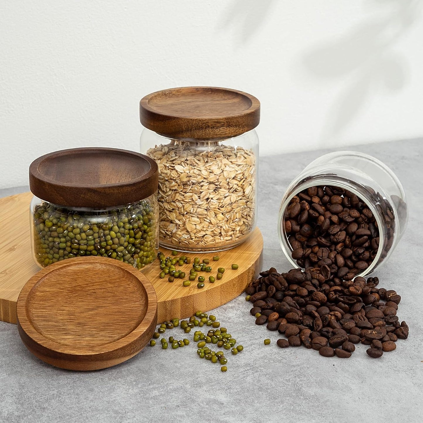 1 PC Small Glass Storage Jars with Airtight Lids, 11 fl oz (300ml) coffee container with Wooden Lid, Glass Pantry Canister for Beans, Rice, Sugar and etc