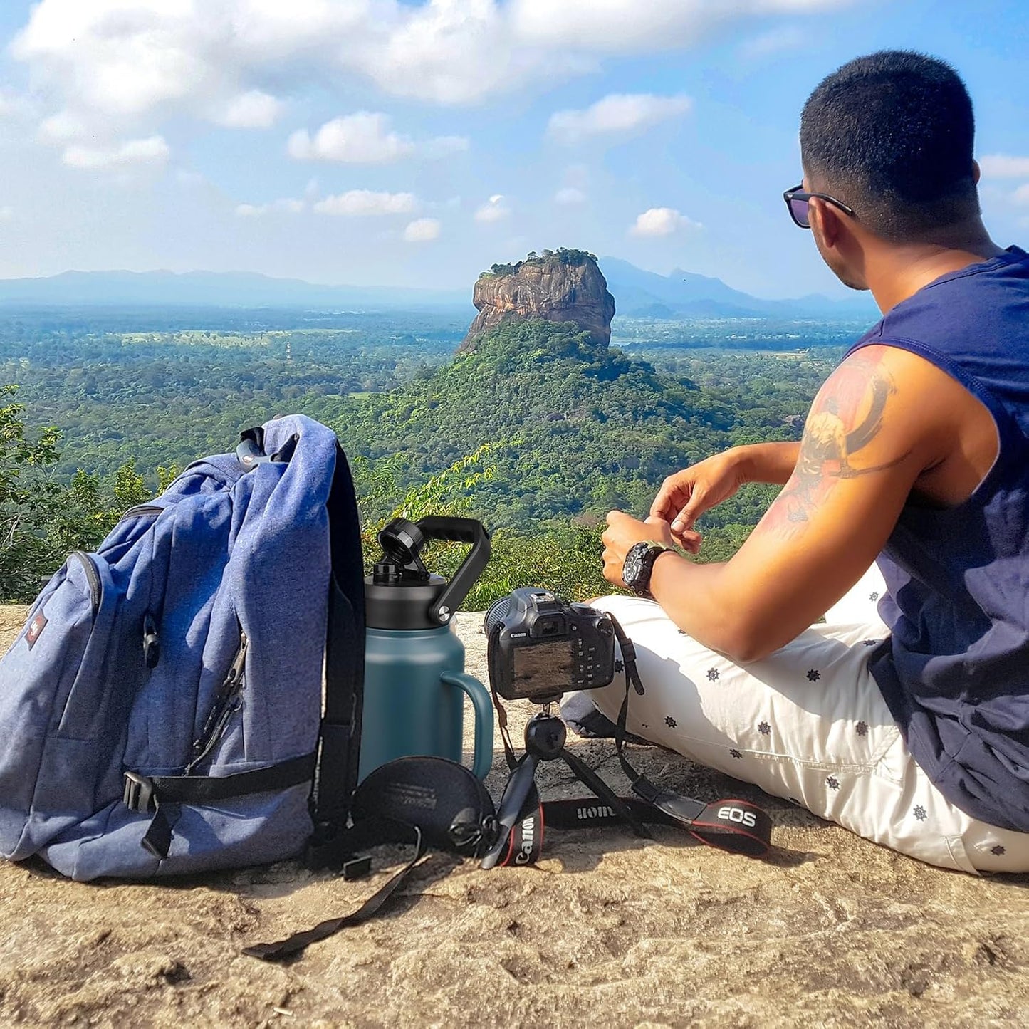 BJPKPK 64oz Insulated Water Bottle with Handle, Large Dishwasher Safe Half Gallon Water Bottle, BPA Free Water Jug, Wide Mouth Metal Water Bottle with Anti-slip Bottom, Keep Cold & Hot, Navy Blue