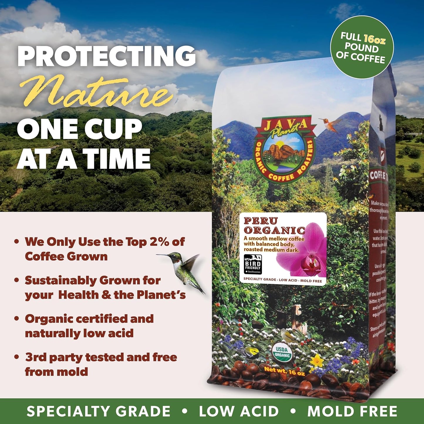 Low Acid Organic Coffee – Whole Bean, Mold-Free & Stomach Friendly by Java Planet, Peruvian Single Origin Coffee, Medium Dark Roast, Smooth Full Flavored, Smithsonian Bird Friendly, 1LB Bag