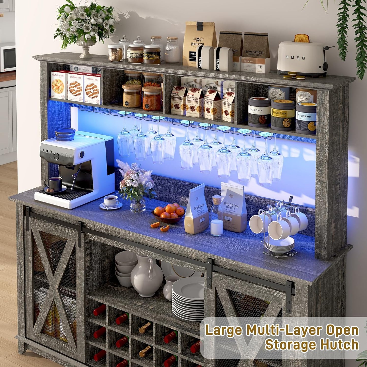 63"Wide 58"H Farmhouse Coffee Bar Cabinet with LED Light,Wine Bar Cabinet w 4 Storage Hutch,Kitchen Buffet Cabinet wSliding Barn Door & 15 Wine and Glass Racks for Kitchen Dining Room(Dark Rustic Oak)