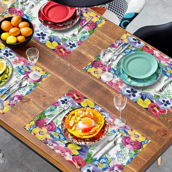Watercolor Flowers Placemats Set of 4 Spring Summer Floral Butterfly Linen Fabric Table Mats Pansy Flower Eucalyptus Leaves Washable Place Mats for Farmhouse Dining Table Kitchen Decoration