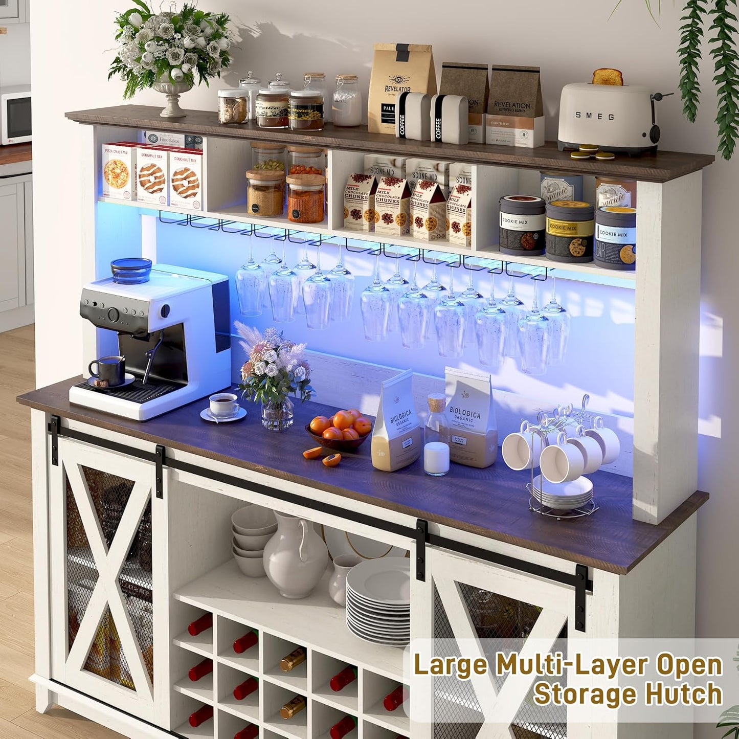 63"Wide 58"H Farmhouse Coffee Bar Cabinet with LED Light,Wine Bar Cabinet w/ 4 Storage Hutch,Kitchen Buffet Cabinet w/Sliding Barn Door & 15 Wine and Glass Racks for Kitchen Dining Room(Antique White)