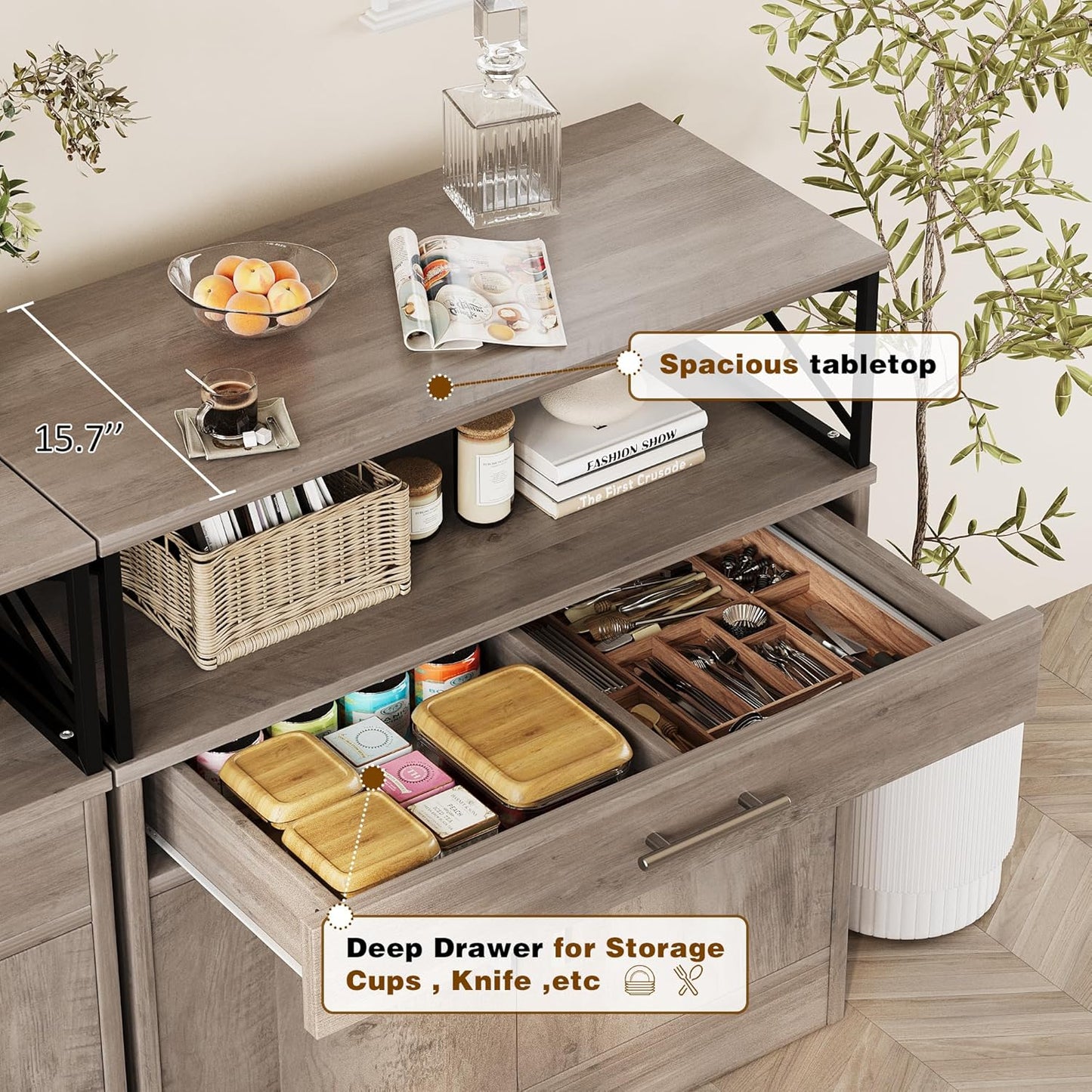 Vongrasig Sideboard Buffet Cabinet with Storage, 32” Modern Kitchen Storage Cabinet with Open Storage, Adjustable Shelf, Wood Farmhouse Coffee Bar Buffet Table for Kitchen, Dining Room, Ash Grey