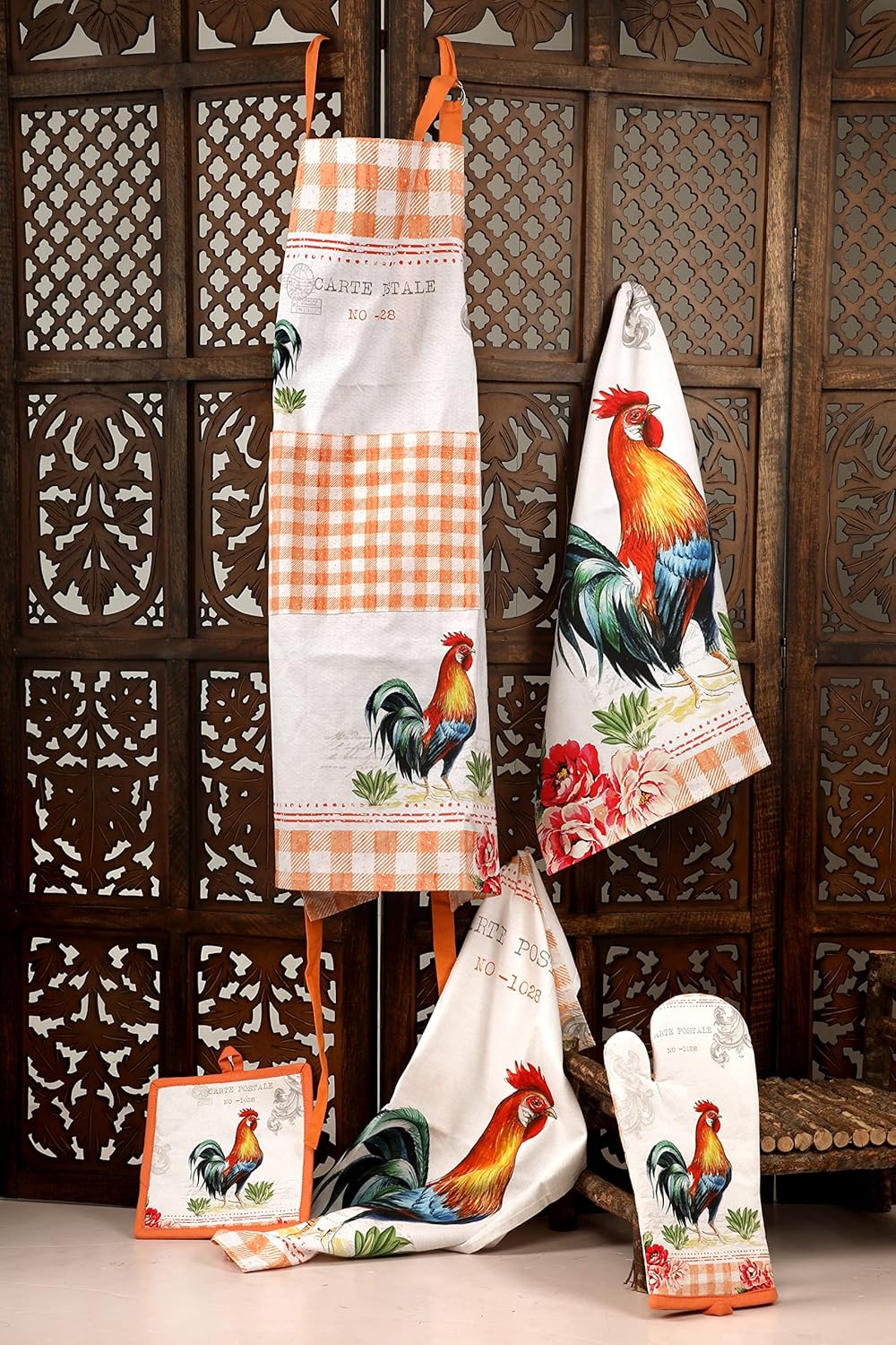 AMOUR INFINI Cotton Aprons for Women with Pocket, Adjustable Strap & Waist Ties - Washable Aprons for Baking, Cooking, Gardening (27.5 x 33 Inches - Farm Rooster)