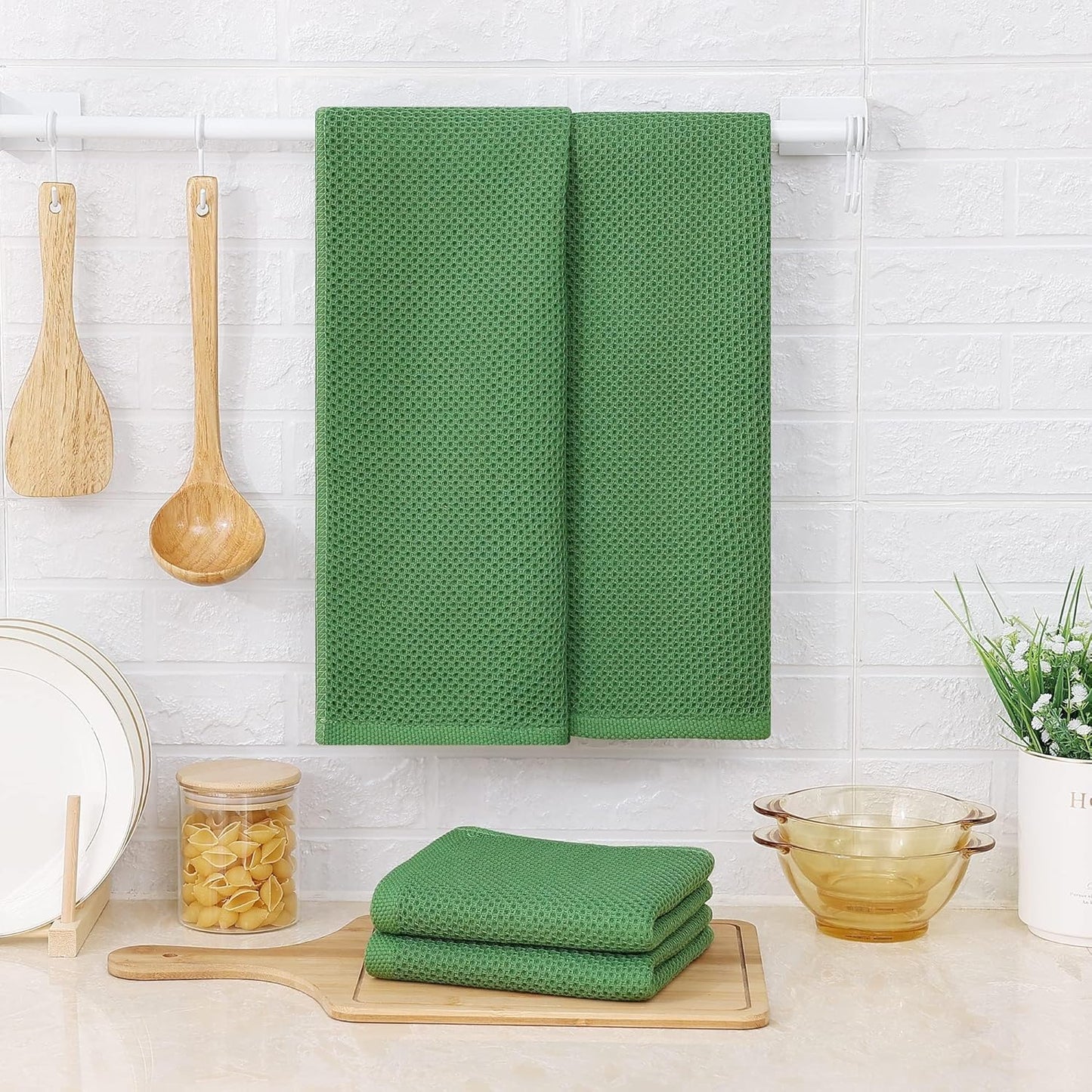 Kitinjoy 100% Cotton Waffle Weave Kitchen Towels, 8-Pack Super Soft and Absorbent Dish Towels for Drying Dishes, Kitchen Hand Towels, 13 in x 28 in, Grass Green